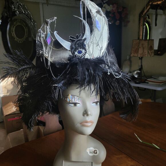 Handmade Festival Black Ostrich Feather Dark Moon Goddess Headpiece by Brebitz H - Picture 3 of 5